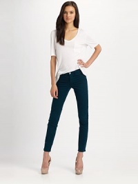 Cotton twill look has a mid rise, skinny-leg construction and a hint of stretch. THE FITMid-rise Skinny leg Rise, about 8 Inseam, about 27THE DETAILSZip fly Button closure Five-pocket style 98% cotton/2% Lycra Machine wash Made in USA of imported fabric Cotton twill look has a mid rise, skinny-leg construction and a hint of stretch. THE FITMid-rise Skinny leg Rise, about 8 Inseam, about 27THE DETAILSZip fly Button closure Five-pocket style 98% cotton/2% Lycra Machine wash Made in USA of imported fabric