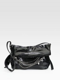 An edgy style in luxurious snake embossed leather with a fold-over design accented with link chains in various sizes.Adjustable shoulder strap, 16½-20 dropFold-over closure One zip pocket on flapOne inside zip pocketFully lined12W X 8H X 2½DMade in Italy An edgy style in luxurious snake embossed leather with a fold-over design accented with link chains in various sizes.Adjustable shoulder strap, 16½-20 dropFold-over closure One zip pocket on flapOne inside zip pocketFully lined12W X 8H X 2½DMade in Italy