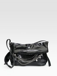 An edgy style in luxurious snake embossed leather with a fold-over design accented with link chains in various sizes.Adjustable shoulder strap, 16½-20 dropFold-over closure One zip pocket on flapOne inside zip pocketFully lined12W X 8H X 2½DMade in Italy