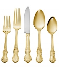 Regal elegance meets everyday convenience in the Kingsley Gold flatware set. Shapely place settings with old-world flourishes and a radiant golden hue exude classic sophistication in dishwasher-safe stainless steel by Hampton Forge. Regal elegance meets everyday convenience in the Kingsley Gold flatware set. Shapely place settings with old-world flourishes and a radiant golden hue exude classic sophistication in dishwasher-safe stainless steel by Hampton Forge.