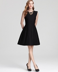 Audrey Hepburn would have approved--Halston Heritage's A-line dress boasts pintucked satin accents at the sleeves, a finishing touch to an utterly timeless silhouette. Audrey Hepburn would have approved--Halston Heritage's A-line dress boasts pintucked satin accents at the sleeves, a finishing touch to an utterly timeless silhouette.