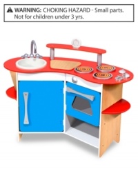 A removable sink, a 3-burner cook top and oven with clicking knobs, a refrigerator, storage shelves, a cutting board and a real, working, timer… Everything a young chef needs is furnished in this compact and efficient kitchen. Sturdy wooden construction to satisfy every appetite for pretend house and restaurant play! A removable sink, a 3-burner cook top and oven with clicking knobs, a refrigerator, storage shelves, a cutting board and a real, working, timer… Everything a young chef needs is furnished in this compact and efficient kitchen. Sturdy wooden construction to satisfy every appetite for pretend house and restaurant play!