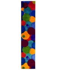 A long runner that is ideal for hallways and entryways. Abstract and absorbing, this rug features a multi-circle pattern in sage, yellow, several shades of blue and burgundy. Reminiscent of beautiful modern art paintings, it adds striking modernity and grace to your home. A long runner that is ideal for hallways and entryways. Abstract and absorbing, this rug features a multi-circle pattern in sage, yellow, several shades of blue and burgundy. Reminiscent of beautiful modern art paintings, it adds striking modernity and grace to your home.