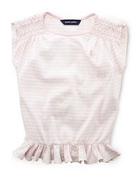 A pretty striped tee is crafted from soft cotton jersey and finished with smocked shoulders and a ruffled hem for a girlie look. A pretty striped tee is crafted from soft cotton jersey and finished with smocked shoulders and a ruffled hem for a girlie look.
