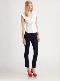 Soft ruching and delicate pleats imbue this light cotton topper with easy feminine charm.Pleated tie-front necklineRuffled trim at shouldersButton-down placketRuched bodiceShirttail hemAbout 22 from shoulder to hem98% cotton/2% spandexDry cleanMade in USA of imported fabricModel shown is 5'10 (177cm) wearing US size 4. Soft ruching and delicate pleats imbue this light cotton topper with easy feminine charm.Pleated tie-front necklineRuffled trim at shouldersButton-down placketRuched bodiceShirttail hemAbout 22 from shoulder to hem98% cotton/2% spandexDry cleanMade in USA of imported fabricModel shown is 5'10 (177cm) wearing US size 4.