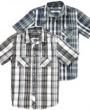 Shake up your casual style. Toss the tee for this cool plaid shirt from American Rag.