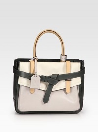 An exceedingly versatile silhouette of sumptuous leather, finished with a tailored flap front and buckled belt.Double top handles, 6 drop One outside flap pocket One outside snap pocket One inside zip pocket Two inside open pockets Center zip compartment Two center compartments Cotton lining 13W X 10H X 4D Imported An exceedingly versatile silhouette of sumptuous leather, finished with a tailored flap front and buckled belt.Double top handles, 6 drop One outside flap pocket One outside snap pocket One inside zip pocket Two inside open pockets Center zip compartment Two center compartments Cotton lining 13W X 10H X 4D Imported