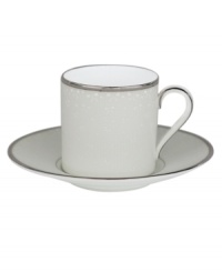 Enjoy a bold brew with this enormously stylish espresso cup and saucer set. From innovative designer Monique Lhullier, it features a raised dot pattern tipped with platinum for a burst of sophisticated charm. Enjoy a bold brew with this enormously stylish espresso cup and saucer set. From innovative designer Monique Lhullier, it features a raised dot pattern tipped with platinum for a burst of sophisticated charm.