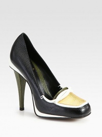 Loafer-inspired colorblock silhouette in lizard-print leather for a textured effect. Self-covered heel, 4¾ (120mm)Lizard-print leather upperLeather lining and solePadded insoleMade in Italy Loafer-inspired colorblock silhouette in lizard-print leather for a textured effect. Self-covered heel, 4¾ (120mm)Lizard-print leather upperLeather lining and solePadded insoleMade in Italy
