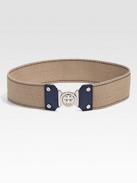 An elastic style with saffiano leather trim and an interlocking logo buckle. Width, about 2.2Made in USA