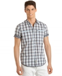 Modern hit. Taking traditional plaid seersucker and adding a contemporary accent, this shirt from Calvin Klein finishes your contemporary cool. Modern hit. Taking traditional plaid seersucker and adding a contemporary accent, this shirt from Calvin Klein finishes your contemporary cool.