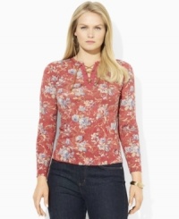 A fine-ribbed cotton Lauren Ralph Lauren plus size floral tee is finished with chic three-quarter-length sleeves and a lace-up placket for a feminine look. A fine-ribbed cotton Lauren Ralph Lauren plus size floral tee is finished with chic three-quarter-length sleeves and a lace-up placket for a feminine look.