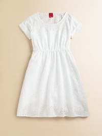 Sweet cotton eyelet is tailored in a classic, girlie silhouette with cuffed sleeves and a gathered waist.ScoopneckShort cuffed sleevesPullover styleElastic waistbandFull skirtCottonMachine washImported Sweet cotton eyelet is tailored in a classic, girlie silhouette with cuffed sleeves and a gathered waist.ScoopneckShort cuffed sleevesPullover styleElastic waistbandFull skirtCottonMachine washImported