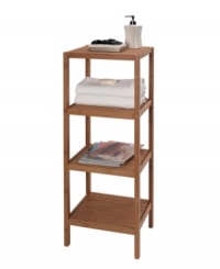 Take your organization to new heights with the Eco 4-shelf tower. Featuring hand-crafted, eco-friendly bamboo wood for decorative and functional storage perfect for the bath or any room in your home. Easy assembly, hardware included. Take your organization to new heights with the Eco 4-shelf tower. Featuring hand-crafted, eco-friendly bamboo wood for decorative and functional storage perfect for the bath or any room in your home. Easy assembly, hardware included.