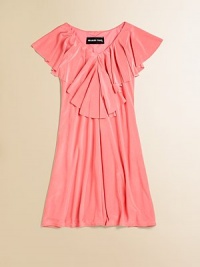 Big ruffles adorn the neckline and shoulders of this shiny, trendy frock.V-neckFlutter sleevesPullover styleFully lined92% polyester/8% spandexHand washMade in USA of imported fabric Big ruffles adorn the neckline and shoulders of this shiny, trendy frock.V-neckFlutter sleevesPullover styleFully lined92% polyester/8% spandexHand washMade in USA of imported fabric