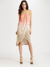Strapless and dramatically draped silhouette has an elasticized drop waist, asymmetrical hi-low hem and a trend-perfect ombré print. StraplessElasticized drop waistAsymmetrical hi-low hemAbout 27 from natural waistModalMachine washMade in USAModel shown is 5'10 (177cm) wearing US size Small. Strapless and dramatically draped silhouette has an elasticized drop waist, asymmetrical hi-low hem and a trend-perfect ombré print. StraplessElasticized drop waistAsymmetrical hi-low hemAbout 27 from natural waistModalMachine washMade in USAModel shown is 5'10 (177cm) wearing US size Small.