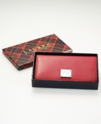 Stay elegantly organized with this sleek and slender wallet from Lauren Ralph Lauren. Rich textured leather is accented with signature detailing, while the pocket-lined interior stows your currency with care. Includes signature gift box. Stay elegantly organized with this sleek and slender wallet from Lauren Ralph Lauren. Rich textured leather is accented with signature detailing, while the pocket-lined interior stows your currency with care. Includes signature gift box.