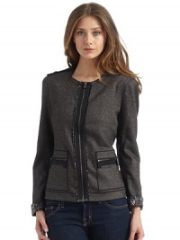 THE LOOKScoop neckSnap epaulettes at shouldersFront exposed zip closureLong sleeves with cuffsSide exposed zip pocketsPiping at pockets and hemTHE FITAbout 23 from shoulder to hemTHE MATERIAL41% virgin wool/24% viscose rayon/17% nylon/16% polyester/2% elastaneFully linedCARE & ORIGINDry cleanImported THE LOOKScoop neckSnap epaulettes at shouldersFront exposed zip closureLong sleeves with cuffsSide exposed zip pocketsPiping at pockets and hemTHE FITAbout 23 from shoulder to hemTHE MATERIAL41% virgin wool/24% viscose rayon/17% nylon/16% polyester/2% elastaneFully linedCARE & ORIGINDry cleanImported