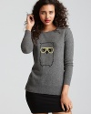 Smart style arrives with this wise owl-baring Aqua Cashmere sweater, flashing yellow-rimmed glasses on a grey body. A playful pairing to a body-con mini-rock the look with booties and head out with the girls!
