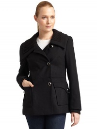 THE LOOKKnit trim on pointed collarAsymmetric button closureLong sleeves with knit cuffsDual flap pocket with button closuresTHE FITAbout 29 from shoulder to hemTHE MATERIALPolyester/viscose/spandexFully linedCARE & ORIGINDry cleanImportedModel shown is 5'9½ (176cm) wearing US size 4. THE LOOKKnit trim on pointed collarAsymmetric button closureLong sleeves with knit cuffsDual flap pocket with button closuresTHE FITAbout 29 from shoulder to hemTHE MATERIALPolyester/viscose/spandexFully linedCARE & ORIGINDry cleanImportedModel shown is 5'9½ (176cm) wearing US size 4.