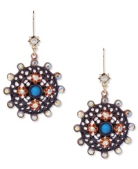 A modern classic. Betsey Johnson's purple medallion drop earrings feature flower and crystal accents. Crafted in antiqued gold tone mixed metal. Approximate drop: 2-3/8 inches. A modern classic. Betsey Johnson's purple medallion drop earrings feature flower and crystal accents. Crafted in antiqued gold tone mixed metal. Approximate drop: 2-3/8 inches.