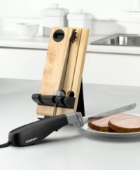 Cuisinart's electric knife is really two knives in one with full-size interchangeable bread and carving blades in high-grade stainless steel. Knife handle is ergonomically designed to work comfortably when held in the right or left hand. Set comes with a becoming wooden butcher block storage unit with blade lock-ins for added safety. Includes 4-foot cord, one-touch on/off trigger and Cuisinart's 3-year warranty. Knife blades are dishwasher safe. Model #CEK-40. Cuisinart's electric knife is really two knives in one with full-size interchangeable bread and carving blades in high-grade stainless steel. Knife handle is ergonomically designed to work comfortably when held in the right or left hand. Set comes with a becoming wooden butcher block storage unit with blade lock-ins for added safety. Includes 4-foot cord, one-touch on/off trigger and Cuisinart's 3-year warranty. Knife blades are dishwasher safe. Model #CEK-40.
