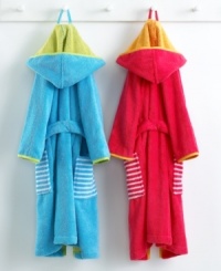 Hooded robes in incredibly soft cotton keep kids toasty warm and extra cute. In bright punch or sky blue with striped pockets. Snap front. Hooded robes in incredibly soft cotton keep kids toasty warm and extra cute. In bright punch or sky blue with striped pockets. Snap front.