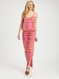 Neon stripes give just the right graphic punch to this elongated tank style finished with a blouson bodice and comfortable drawstring waist.ScoopneckSpaghetti strapsDrawstring waistSide-slit hemModified racerbackAbout 40 from natural waist75% polyester/25% cottonMachine washMade in USAModel shown is 5'10 (177cm) wearing US size Small. Neon stripes give just the right graphic punch to this elongated tank style finished with a blouson bodice and comfortable drawstring waist.ScoopneckSpaghetti strapsDrawstring waistSide-slit hemModified racerbackAbout 40 from natural waist75% polyester/25% cottonMachine washMade in USAModel shown is 5'10 (177cm) wearing US size Small.