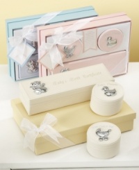 Help the new parents stay organized during this important time with this four-piece First Impressions keepsake set embossed with silver decorations. They'll thank you one day! Help the new parents stay organized during this important time with this four-piece First Impressions keepsake set embossed with silver decorations. They'll thank you one day!