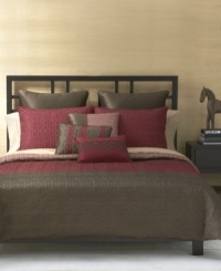 Featuring intricate quilting and pops of modern hues, the Gramercy comforter set evokes sophistication with a decidedly architectural appeal. Chocolate brown European shams accent rich garnet red with distinction, while the comforter reverses to a striped pattern. (Clearance) Featuring intricate quilting and pops of modern hues, the Gramercy comforter set evokes sophistication with a decidedly architectural appeal. Chocolate brown European shams accent rich garnet red with distinction, while the comforter reverses to a striped pattern. (Clearance)