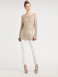 Delicate pointelle knit adds a subtle skin-baring chic to this lightweight pullover.BoatneckDropped shouldersLong sleevesPullover styleAbout 30 from shoulder to hem88% acetate/12% lurexDry cleanImported of Italian fabricModel shown is 5'10 (177cm) wearing US size Small. Delicate pointelle knit adds a subtle skin-baring chic to this lightweight pullover.BoatneckDropped shouldersLong sleevesPullover styleAbout 30 from shoulder to hem88% acetate/12% lurexDry cleanImported of Italian fabricModel shown is 5'10 (177cm) wearing US size Small.