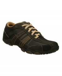 Good looks and a comfortably sporty design combine in these stitched leather lace-up men's sneakers from Skechers to round out the modern guy's wardrobe. Good looks and a comfortably sporty design combine in these stitched leather lace-up men's sneakers from Skechers to round out the modern guy's wardrobe.