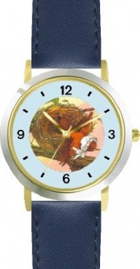 The Little Bird - from Mother Goose by Artist: Sylvia Long - WATCHBUDDY® DELUXE TWO-TONE THEME WATCH - Arabic Numbers - Blue Leather Strap-Size-Children's Size-Small ( Boy's Size & Girl's Size )