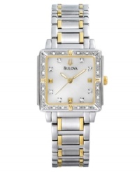 Add a special sparkle to your look with this beautiful watch by Bulova. Goldtone & silvertone stainless steel bracelet and square case. Diamond accents at bezel. Silvertone dial with diamond accents at markers, logo and goldtone accents. Quartz movement. Water resistant to 30 meters. Three-year limited warranty. Add a special sparkle to your look with this beautiful watch by Bulova. Goldtone & silvertone stainless steel bracelet and square case. Diamond accents at bezel. Silvertone dial with diamond accents at markers, logo and goldtone accents. Quartz movement. Water resistant to 30 meters. Three-year limited warranty.