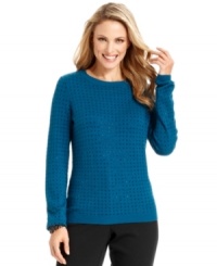 A basic crewneck sweater gets dressed up with studded rhinestones in this chic look from Charter Club. A basic crewneck sweater gets dressed up with studded rhinestones in this chic look from Charter Club.