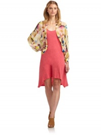 THE LOOKSheer constructionMulticolored ikat print, alloverDolman sleeves with barrel cuffsOpen frontTHE FITAbout 23 from shoulder to hemTHE MATERIALSilkCARE & ORIGINDry cleanImportedModel shown is 5'10 (177cm) wearing US size Small. THE LOOKSheer constructionMulticolored ikat print, alloverDolman sleeves with barrel cuffsOpen frontTHE FITAbout 23 from shoulder to hemTHE MATERIALSilkCARE & ORIGINDry cleanImportedModel shown is 5'10 (177cm) wearing US size Small.