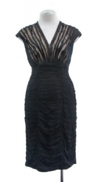 Tadashi Shoji Black/Nude Embellished Shirred Mesh V-Neck Cocktail Dress 6P Tadashi Shoji Black/Nude Embellished Shirred Mesh V-Neck Cocktail Dress 6P