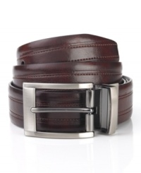 A modern-day multi-tasker, this sleek leather belt from Geoffrey Beene reverses from brown to black. A modern-day multi-tasker, this sleek leather belt from Geoffrey Beene reverses from brown to black.