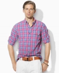 A bold, bright plaid enlivens a trim-fitting workshirt in soft dobby-woven cotton. A bold, bright plaid enlivens a trim-fitting workshirt in soft dobby-woven cotton.
