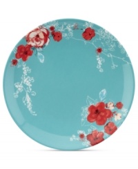 Chirp dinnerware takes on a whole new life in this flowery accent plate from Lenox. Vibrant red blossoms paint a cheerful scene against a backdrop of solid turquoise. Chirp dinnerware takes on a whole new life in this flowery accent plate from Lenox. Vibrant red blossoms paint a cheerful scene against a backdrop of solid turquoise.