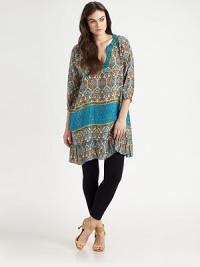 Two unique and super-pretty prints combine flawlessly to create a striking, woven design with a feminine, ruffle hem.V-necklineThree-quarter sleevesPull-on styleRuffle hemAbout 20 from natural waistSilkDry cleanImported Two unique and super-pretty prints combine flawlessly to create a striking, woven design with a feminine, ruffle hem.V-necklineThree-quarter sleevesPull-on styleRuffle hemAbout 20 from natural waistSilkDry cleanImported