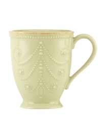 With fanciful beading and an antiqued edge, this Lenox French Perle mug has an irresistibly old-fashioned sensibility. Hardwearing stoneware is dishwasher safe and, in a soft pistachio hue, a graceful addition to every meal. With fanciful beading and an antiqued edge, this Lenox French Perle mug has an irresistibly old-fashioned sensibility. Hardwearing stoneware is dishwasher safe and, in a soft pistachio hue, a graceful addition to every meal.