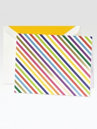 Spirited fold-over notes add a pop of color to each missive you mail. Printed on fluorescent white, each is paired with a coordinating envelope, finished with a brilliant yellow liner.Includes 20 notes Accompanied by matching lined envelopes Each, 6½W X 4¾H X 2 Arrives in a matching striped hinged-lid box Lithographed fold-over notes Cotton fiber paper Made in USA Spirited fold-over notes add a pop of color to each missive you mail. Printed on fluorescent white, each is paired with a coordinating envelope, finished with a brilliant yellow liner.Includes 20 notes Accompanied by matching lined envelopes Each, 6½W X 4¾H X 2 Arrives in a matching striped hinged-lid box Lithographed fold-over notes Cotton fiber paper Made in USA