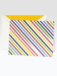 Spirited fold-over notes add a pop of color to each missive you mail. Printed on fluorescent white, each is paired with a coordinating envelope, finished with a brilliant yellow liner.Includes 20 notes Accompanied by matching lined envelopes Each, 6½W X 4¾H X 2 Arrives in a matching striped hinged-lid box Lithographed fold-over notes Cotton fiber paper Made in USA