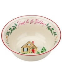 A holly motif drawn from the classic Holiday dinnerware pattern combined with colorful new depictions of the Christmas season makes this Holiday Illustrations bowl a festive addition to any table. Adorned with home for the holidays. A holly motif drawn from the classic Holiday dinnerware pattern combined with colorful new depictions of the Christmas season makes this Holiday Illustrations bowl a festive addition to any table. Adorned with home for the holidays.