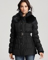 A lush rabbit fur collar tops this diamond-quilted puffer coat from Via Spiga. An elasticized belt cinches the waist for a flattering silhouette.