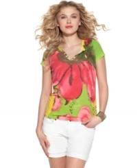 This vibrant tee from Lucky Brand Jeans features a paint-inspired floral print and a demure henley placket for a look that's made for warmer weather. This vibrant tee from Lucky Brand Jeans features a paint-inspired floral print and a demure henley placket for a look that's made for warmer weather.