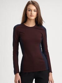 Fitted crewneck with contrast panels that create a shadow-like, colorblock effect. CrewneckLong sleeves72% viscose/23% polyamide/5% elastaneDry cleanImported of Italian fabricModel shown is 5'10 (177cm) wearing US size 2.