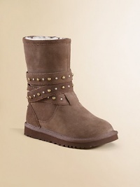 Metal studs add rock star attitude to this suede and sheepskin-lined design. Side zip closure Suede upper Molded EVA sole Padded insole Sheepskin lining Imported Metal studs add rock star attitude to this suede and sheepskin-lined design. Side zip closure Suede upper Molded EVA sole Padded insole Sheepskin lining Imported