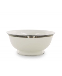 The Vintage Jewel pattern from Lenox's dinnerware and dishes collection evokes a more gracious era, combining white bone china with a dark, richly patterned band accented with subtle touches of cobalt blue. The Vintage Jewel pattern from Lenox's dinnerware and dishes collection evokes a more gracious era, combining white bone china with a dark, richly patterned band accented with subtle touches of cobalt blue.